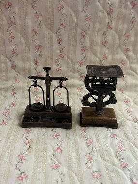 Vintage EMB Spain Miniature Metal Scale Pencil Sharpeners Set/2 Antique Balance